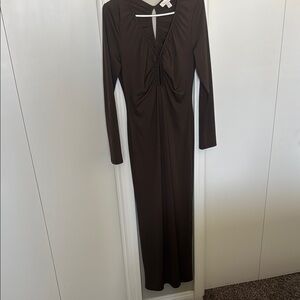 Topshop Brown Plunge Neck Long Sleeve Gown